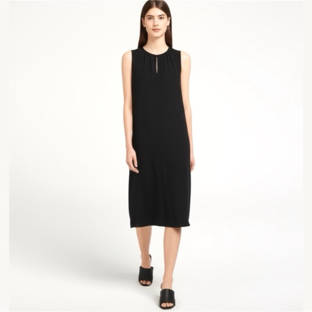 Eileen Fisher Black Tencel Viscose Crepe Sleeveless Midi Dress L Minimalist